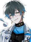  1boy black_shirt blue_hair blue_scarf closed_mouth coat commentary earrings eyewear_strap glasses gradient_hair green_eyes green_hair hair_between_eyes highres ike_eveland ike_eveland_(1st_costume) jewelry looking_at_viewer male_focus multicolored_hair nijisanji nijisanji_en portrait quilldren_(ike_eveland) scarf shirt simple_background smile solo symbol-only_commentary u70gh95cbd3646 upper_body virtual_youtuber white_background white_coat 