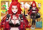 1girl absurdres arm_tattoo bag banknote battle_rifle belt belt_collar bikini black_bag black_bikini black_collar black_nails black_skirt blush breasts bullet bullet_necklace cleavage collar collarbone cuffs dollar_sign dragon_tattoo duffel_bag earrings elly_(vtuber) elly_(vtuber)_(heist) english_text finger_tattoo fn_scar_17 fox_mask glasses gold_earrings green_eyes gun hair_ornament hairclip handcuffs highres holding holding_gun holding_weapon holstered indie_virtual_youtuber jacket jewelry long_hair long_sleeves mask miniskirt money necklace open_mouth pantyhose pleated_skirt red_belt red_hair red_jacket rifle riki-to shoes skirt smile swimsuit tattoo virtual_youtuber weapon white_shoes zipper zipper_pull_tab 
