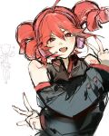  1girl ahoge arm_tattoo black_shirt blush collared_shirt crossed_arms detached_sleeves drill_hair headphones headset highres kasane_teto kasane_teto_(utau) medium_hair munjiduck nail_polish number_tattoo open_mouth red_eyes red_hair red_nails shirt simple_background smile solo tattoo teeth twin_drills upper_teeth_only utau v w white_background 