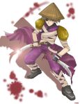  1boy 2000s_(style) armor assassin_(ragnarok_online) bandages bandages_over_clothes black_gloves brown_eyes cape closed_mouth commentary_request dagger dual_wielding expressionless eyepatch fingerless_gloves full_body gloves grey_hair hat holding holding_dagger holding_knife holding_weapon knife koma_(bluesun) looking_at_viewer male_focus pants pauldrons purple_cape purple_pants purple_shirt ragnarok_online rice_hat shirt short_hair shoulder_armor simple_background sleeveless sleeveless_shirt solo standing torn_cape torn_clothes waist_cape weapon white_background 