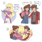  ! 1boy 2girls ^^^ aged_up apron arm_around_neck arms_around_neck badge blonde_hair blue_overalls blue_pants blunt_bangs blush breasts brother_and_sister brown_eyes brown_hair brown_shirt button_badge collared_dress collared_shirt denim dipper_pines dress ear_piercing earrings elle_draws flustered freckles glomp gravity_falls grin group_hug hair_ornament hair_scrunchie half_updo hand_on_another's_back hand_on_own_neck happy highres holding holding_notepad holding_pencil hug jeans jewelry long_hair looking_down mabel_pines multiple_girls nervous_smile notepad open_clothes open_shirt overalls pacifica_northwest pants parted_lips pencil piercing pink_lips pink_sweater plaid_clothes plaid_shirt purple_dress red_shirt scrunchie shirt siblings sleeves_rolled_up small_breasts smile stained_clothes star_(symbol) star_earrings surprised sweater topknot tree_necklace turtleneck turtleneck_sweater twins ushanka waist_apron waving_arm 