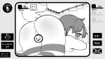 16:9 anthro bed blush bodily_fluids breasts canid canine clothing female furniture genitals hi_res japanese_text konomi_(oposa) legwear mammal monochrome oposa rear_view solo stockings sweat text vulva widescreen