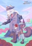 adopted_(lore) adopted_daughter_(lore) adult_(lore) anthro blush canid canine canis clothing dark_body dark_fur date daughter_(lore) duo female flower fur gun hi_res khulico_(ttux3) mammal minh_(ttux3) mother_(lore) mother_and_child_(lore) mother_and_daughter_(lore) outside parent_(lore) parent_and_child_(lore) parent_and_daughter_(lore) plant ranged_weapon red_eyes rodent sciurid size_difference tree_squirrel ttux3 uniform weapon white_body white_fur wolf