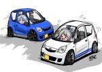  &gt;_&lt; 2girls ^_^ absurdres animal_ears blue_hair car closed_eyes daihatsu daihatsu_mira drifting ear_covers grey_hair hair_between_eyes highres hishi_miracle_(umamusume) horse_ears horse_girl k.s.miracle_(umamusume) kaito_schumacher motor_vehicle multiple_girls signature simple_background umamusume vehicle_focus white_background 