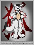2019 4_toes 5_fingers animate_inanimate anthro arm_tattoo artist_name axil beard black_beard black_facial_hair black_hair black_snout black_tail_tip blue_eyes border canid canine cjk_character claws clothing digital_drawing_(artwork) digital_media_(artwork) dipstick_tail ear_piercing facial_hair feet fingers fox fur grey_background grey_border grin grinning_at_viewer hair hi_res human human_skin human_wearing_fursuit kemira latex latex_clothing leg_tattoo living_clothing living_costume living_fursuit long_tail looking_at_viewer male mammal markings navel open_suit piercing plantigrade pointy_ears prick_ears red_tattoo simple_background smile solo standing studs tail tail_markings tattoo text toes url white_body white_fur white_skin white_tail zipper zipper_down zipper_pull_tab