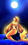  blonde_hair coco_(mermaid_melody_pichi_pichi_pitch) collar hair_between_eyes highres jewelry long_hair mermaid mermaid_melody_pichi_pichi_pitch monster_girl moon moonlight night night_sky shell_necklace sky smiley_face straight_hair watermark yellow_eyes yellow_tail 