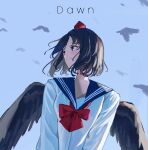  1girl black_hair black_wings blue_sky blush bow cropped english_commentary english_text feathered_wings hat highres looking_to_the_side red_bow red_eyes red_hat school_uniform serafuku shameimaru_aya shirt short_hair sky smile solo tokin_hat touhou upper_body vanilla_flan white_serafuku white_shirt wings 