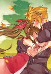  1boy 1girl aerith_gainsborough arm_ribbon armor arms_around_back artist_name black_cape black_gloves black_vest blonde_hair blush brown_hair cape closed_eyes cloud cloud_strife cloudy_sky couple dress falling_petals final_fantasy final_fantasy_vii final_fantasy_vii_advent_children gloves hair_between_eyes hair_ribbon hetero kingdom_hearts kingdom_hearts_ii kurohyn long_hair official_alternate_costume parted_bangs pauldrons petals pink_dress pink_ribbon ponytail red_ribbon ribbon short_hair shoulder_armor sidelocks single_pauldron sky smile spiked_hair upper_body vest waist_cape yellow_petals 