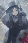  1girl ascot black_coat black_hat black_pants black_vest boater_hat brick_floor coat collared_shirt ddul_(hauluimubingoj1) feet_out_of_frame from_above grey_hair hair_bun hand_on_headwear hand_up hat looking_at_viewer looking_up pants parted_lips rain reverse:1999 shirt single_side_bun single_tear sitting solo suitcase vertin_(reverse:1999) vest waistcoat white_ascot white_shirt 