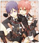  alternate_hair_color armor black_cat black_gloves black_legwear cat checkered checkered_background gloves green_eyes hituki_(ynk) holster japanese_armor kneehighs male_focus military military_uniform multiple_boys necktie open_mouth paw_print purple_eyes purple_hair red_hair shinano_toushirou shorts shoulder_armor sitting smile sode thigh_holster touken_ranbu uniform yagen_toushirou 