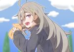  1girl ahoge black_jacket blush burger cheese commentary_request day eating fast_food food food_wrapper grey_hair hibi_wa_sugiredo_meshi_umashi higa_tsutsuji highres holding holding_burger holding_food jacket lettuce long_hair looking_at_viewer meat open_mouth purple_eyes solo tomato yuto_xo 