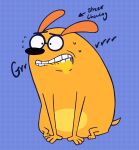 3_toes 4_fingers anthro belly black_nose canid canine canis chew_toy countershade_belly countershading digital_media_(artwork) domestic_dog english_text eyewear feet fetch!_with_ruff_ruffman fingers fur glasses growling happyfunf3tti hi_res male mammal orange_body orange_fur pbs ruff_ruffman simple_background sitting solo sweat_droplets tail text toes