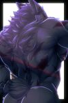 2025 anthro back_muscles black_body black_fur black_tail canid canine canis colored eye_scar facial_scar fur hi_res holding_tail krogane_kotetsu looking_back male mammal muscular muscular_anthro muscular_male nude scar solo tail wolf