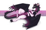 2024 4_toes accessory anus armwear back_wings bent_arm bent_leg black_body black_claws black_membrane black_scales claws clothed clothed_female clothed_feral clothing countershade_neck countershade_torso countershading curved_tail digital_media_(artwork) dragon european_mythology facial_markings feet female female_feral feral frill_(anatomy) furgonomics garter genitals hand_on_chest hand_on_own_chest head_crest head_frill head_markings hi_res horn horn_accessory jewelry leg_markings legwear lingerie lingerie_on_feral looking_at_viewer lying markings membrane_(anatomy) membranous_wings mythological_creature mythological_scalie mythology necklace on_back pink_armwear pink_clothing pink_legwear pink_lingerie pink_markings pink_tailwear pink_thigh_highs pink_topwear purple_body purple_countershading purple_eyes purple_frill purple_inner_ear purple_membrane purple_scales raised_head raised_tail scaled_legs scales scalie shadow simple_background slight_smile solo spread_wings tail tail_accessory tail_frill tail_garter thigh_highs toe_claws toes topwear ulven-f ventral_scales vulva western_dragon wing_claws winged_dragon wings wistria_(virul)