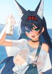  1girl :d alcohol animal_ear_fluff animal_ears aqua_eyes arknights arm_up bare_shoulders beer beer_can black_choker black_hair blaze_(arknights) blush breasts can choker collarbone commentary covered_nipples day drink drink_can ett hair_between_eyes hair_intakes hairband highres holding holding_can holding_drink large_breasts lens_flare long_hair off_shoulder open_mouth outdoors red_hairband see-through_clothes shirt short_sleeves smile solo sunlight t-shirt upper_body white_shirt 