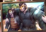 2021 absurd_res akimori_(myokuju) anthro arm_around_shoulders beard black_claws black_clothing black_hair black_jacket black_topwear blue_eyes camera camo camo_clothing camo_print camo_shirt camo_topwear claws clear_sky clothing day duo facial_hair fangs father_(lore) father_and_child_(lore) father_and_son_(lore) felid finger_claw forest fur green_camo hair hi_res holding_camera holding_object holding_picture inside jacket long_hair looking_at_viewer male mammal markings michael_(myokuju) multicolored_body multicolored_fur one_eye_closed outside pantherine parent_(lore) parent_and_child_(lore) parent_and_son_(lore) pattern_clothing pattern_shirt pattern_topwear physen picture_frame plant red_stripes sabertooth_(anatomy) scarf shirt sky son_(lore) striped_clothing striped_markings striped_shirt striped_tail striped_topwear stripes tail tail_markings taking_picture taking_selfie teeth tiger topwear tree two_tone_body two_tone_fur white_body white_fur white_scarf wink yellow_body yellow_fur yellow_stripes