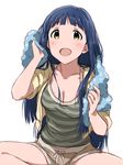  :d alternate_hairstyle bangs blue_hair boyshorts breasts camisole cropped_jacket dani-ikapi eyebrows_visible_through_hair hair_down idolmaster idolmaster_million_live! kitakami_reika light_brown_eyes long_hair medium_breasts open_mouth sidelocks simple_background smile solo striped towel towel_around_neck white_background 