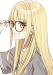  1girl absurdres adjusting_eyewear alternate_hairstyle bespectacled blonde_hair blush brown-framed_eyewear fang fujita_kotone gakuen_idolmaster glasses go-1 grey_shirt grin highres idolmaster long_hair looking_at_viewer profile shirt short_sleeves sidelocks simple_background skin_fang smile solo straight_hair upper_body white_background yellow_eyes 