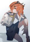  1girl a.i._voice absurdres adachi_rei alternate_costume android closed_mouth gloves grey_sailor_collar grey_skirt highres knee_up looking_at_viewer mechabare medium_hair miniskirt missing_limb neckerchief orange_eyes orange_hair radio_antenna sailor_collar school_uniform senri_(hrydy_o) serafuku shirt short_sleeves sitting skirt solo utau white_background white_gloves white_shirt yellow_neckerchief 