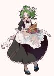  apron black_dress black_shoes blue_eyes blush bow breasts collared_dress dress final_fantasy final_fantasy_vi food footwear_bow frilled_apron frills full_body green_hair hair_bow highres holding holding_tray juliet_sleeves jyukikob long_dress long_hair long_sleeves maid maid_apron medium_breasts official_alternate_costume open_mouth pancake pancake_stack pantyhose parted_bangs ponytail puffy_sleeves shoes smile terra_branford tray wavy_hair white_apron white_background white_bow 