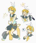  1girl =_= bag bags_under_eyes bare_shoulders belt blush_stickers bow crop_top eating food grey_leg_warmers grey_sailor_collar grey_shorts grey_sleeves hair_bow hair_ornament hairclip headphones headset highres holding holding_bag holding_food holding_popsicle kagamine_rin leg_warmers looking_at_viewer midriff multiple_views navel neckerchief one_eye_closed popsicle sailor_collar shirt short_hair shorts single_blush_sticker sitting skinny sleepy sleeveless sleeveless_shirt spiral_cheeks sweatdrop swept_bangs vocaloid white_bow white_sneakers wide_sleeves yawning yellow_belt yellow_neckerchief z_z00a 