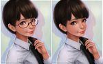  black-framed_eyewear black_hair black_neckwear blue_eyes collared_shirt copyright_name glasses lips long_hair magion02 ms.assistant necktie no_eyewear nose original ponytail shirt smile upper_body variations white_shirt wing_collar 