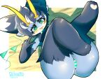 !dodn 4_ears 5_fingers :3 antennae_(anatomy) anthro aquatic_gastropod bikini black_hair blue_body butt butt_focus clothed clothing colored_nails curly_hair erro_(!dodn) female fingers fluffy fur fur_tuft gastropod gesture green_eyes green_nails hair hand_gesture hi_res marine mollusk multi_ear multicolored_body multicolored_ears multicolored_hair nails pawpads sea_snail snail solo swimwear swimwear_removed thick_thighs tongue topless tuft two-piece_swimsuit undressing v_sign white_body wide_hips yellow_antennae