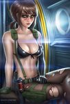 arm_support artist_name black_bikini_top black_gloves black_legwear breasts brown_hair cleavage closed_mouth commentary deviantart_username elbow_gloves front-tie_bikini front-tie_top gloves green_eyes green_gloves knife large_breasts lips looking_at_viewer madeleine_bellwoar metal_gear_(series) metal_gear_solid_v mismatched_gloves navel nose pantyhose ponytail quiet_(metal_gear) sheath sheathed shiny shiny_clothes shiny_hair sidelocks solo stomach suspenders torn_clothes torn_legwear watermark web_address 