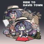  >_< 5girls :3 absurdres almond_(arknights) animal_ears antlers arknights black_background black_pants blue_hair blue_shirt brown_coat brown_eyes brown_hair cat_ears chest_sarashi chibi clock coat coldshot_(arknights) commentary_request demon_horns english_text explosion eyepatch eyewear_on_head fox_ears franka_(arknights) franka_(ride_to_davistown)_(arknights) goggles goggles_on_head gradient_background green_eyes grey_background grey_hair gun hair_over_one_eye hat highres holding holding_clock holding_gun holding_paper holding_weapon horns jessica_(arknights) jessica_the_liberated_(arknights) jessica_the_liberated_(ride_to_davistown)_(arknights) korean_commentary let_the_bullets_fly liskarm_(arknights) malrangdonut multiple_girls nervous open_mouth pants paper purple_hair red_eyes sarashi shirt tearing_up weapon white_hat 