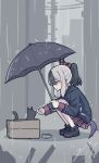  1girl black_cat black_hair black_hoodie black_horns black_shoes blue_archive box cardboard_box cat from_side holding holding_umbrella hood hoodie horns in_box in_container kayoko_(blue_archive) long_sleeves multicolored_hair nyanzai-sensei outdoors pleated_skirt ponytail purple_wings rain red_skirt shoes single_wing skirt sneakers squatting two-tone_hair umbrella white_hair wings 