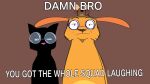 16:9 anthro belly black_body black_fur black_nose blossom_(fetch_with_ruff_ruffman) brown_background brown_body brown_fur canid canine canis chet_(fetch_with_ruff_ruffman) countershade_belly countershading digital_media_(artwork) domestic_cat domestic_dog eyewear felid feline felis female fetch!_with_ruff_ruffman fur glasses group hi_res looking_at_viewer male mammal meme mouse mouthless murid murine narrowed_eyes orange_body orange_fur pbs pink_nose rodent ruff_ruffman shummy simple_background sitting_on_head tail text trio unimpressed whiskers widescreen you_got_the_whole_squad_laughing
