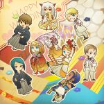  1other 3girls 5boys :d alternate_costume alternate_hairstyle animal_ears arm_up back_bow black_shirt black_shoes blonde_hair blue_eyes blue_hair blue_haori blue_kimono blue_tunic bokujou_monogatari bokujou_monogatari:_mittsu_no_sato_no_taisetsuna_tomodachi boutonniere bow bride brown_eyes brown_hair chibi chibi_only chinese_knot collarbone collared_shirt double-parted_bangs dress flower ford_(bokujou_monogatari) fox_ears fox_tail frilled_dress frills gold_necklace gold_trim gradient_clothes gradient_kimono grey_hakama groom hair_between_eyes hair_bun hair_flower hair_ornament hair_over_shoulder hair_slicked_back hakama haori harem_pants headscarf high_heels hinata_(bokujou_monogatari) holding holding_flower inari_(bokujou_monogatari) jacket japanese_clothes jewelry kimono light_blush long_hair long_sleeves looking_at_viewer low-tied_sidelocks low_ponytail ludus_(bokujou_monogatari) multiple_boys multiple_girls nanami_(bokujou_monogatari) necklace necktie one_eye_closed outline pants parted_bangs patterned_background peony_(flower) pink_flower pom_pom_(clothes) ponytail pumps rattail reaching reaching_towards_viewer red_eyes red_flower sandals sash shirt shoes short_hair short_ponytail short_sleeves sidelocks single_hair_bun sitting sleeveless_tunic sleeves_past_fingers sleeves_past_wrists smile sorarina78 suit tabi tail tunic uchikake v-shaped_eyebrows vest wayne_(bokujou_monogatari) wedding_dress white_dress white_flower white_hair white_jacket white_necktie white_outline white_pants white_shoes white_suit white_vest wide_sleeves wing_collar yellow_sash yuzuki_(bokujou_monogatari) zouri 