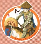  1boy 2000s_(style) armor artist_name belt bird blue_eyes blue_hair brown_belt brown_pants chainmail checkered_background commentary_request copyright_name dated_commentary emblem feet_out_of_frame grin hair_between_eyes hat holding holding_reins knight_(ragnarok_online) koma_(bluesun) leaf_in_mouth looking_at_viewer male_focus musical_note pants pauldrons peco_peco ragnarok_online reins rice_hat riding riding_bird short_hair shoulder_armor smile solo spoken_musical_note tabard white_tabard 