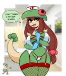 anthro blue_clothing blue_gloves blue_handwear breloom brown_eyes brown_hair clothing curvy_figure cute_fangs english_text eyelashes fangs female fishnet_clothing fishnet_legwear fishnet_thigh_highs garter_belt garter_straps generation_3_pokemon gloves green_body hair handwear hat headgear headwear hi_res hospital i_am_kat95 legwear lingerie nintendo nurse nurse_clothing nurse_hat nurse_headwear nurse_uniform open_mouth panties pokemon pokemon_(species) ponytail red_clothing red_garter_belt red_legwear red_thigh_highs reference_image smile solo stockings tail tan_tail teeth text thigh_highs thong underwear uniform voluptuous_anthro voluptuous_female white_clothing white_corset white_panties white_thong white_underwear wide_hips