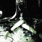  1girl album_cover album_name aqua_hair barefoot black_dress bug butterfly butterfly_on_hand chain cover cuffs dress grass hatsune_miku long_hair no_mouth on_ground plant ruuya_higashino shackles sitting solo twintails very_long_hair vines vocaloid wariza 