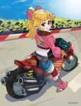  1girl absurdres blonde_hair blue_eyes blue_shorts boots bow breasts daferq denim denim_shorts earrings fingerless_gloves gloves hair_bow highres jacket jewelry knee_pads long_hair looking_at_viewer mario_(series) mario_kart mario_kart_world motor_vehicle motorcycle on_motorcycle open_clothes open_jacket partially_open_jacket pink_boots pink_bow pink_jacket ponytail princess_peach princess_peach_(touring) rally_bike_(mario_kart_world) shirt short_shorts shorts solo sphere_earrings 