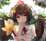  1girl black_hair black_ribbon black_wings closed_mouth collared_shirt commentary_request feathered_wings hand_fan hat hauchiwa holding holding_fan leaf looking_at_viewer neck_ribbon pom_pom_(clothes) ramudia_(lamyun) red_eyes red_hat ribbon shameimaru_aya shirt short_hair short_sleeves smile solo tokin_hat touhou twitter_username upper_body white_shirt wings 