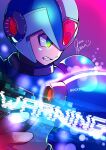 1boy android arm_cannon armor blue_armor blue_helmet clenched_teeth corruption forehead_jewel gloves gradient_background green_eyes grin guutara helmet highres jewelry male_focus mega_man_(series) mega_man_x_(series) robot robot_ears romaji_text signature smile solo solo_focus teeth weapon white_gloves x_(mega_man) 