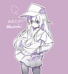  2016 akatsuki_(kantai_collection) angry blush cowboy_shot dated eyebrows_visible_through_hair flat_cap frown hands_on_hips hat kantai_collection kaze_hiki long_hair long_sleeves looking_at_viewer monochrome purple_background school_uniform simple_background sketch skirt solo twitter_username 