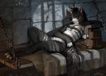  2017 aardwolf anthro bedding bench black_fur blanket blue_eyes bucket chain fur hay hyena inside looking_at_viewer male mammal medieval nude prison reclining relaxing smile smug solo stone stripes trunorth white_fur 
