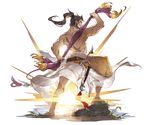  abs back bare_shoulders barefoot beard belt brown_hair facial_hair full_body granblue_fantasy grass hat jin_(granblue_fantasy) katana leaf long_hair male_focus manly minaba_hideo official_art ponytail rock scar solo sword teeth towel transparent_background weapon 