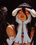  1girl ai-assisted ai-generated albedo_(overlord) angel_wings arm_support bare_arms bare_shoulders bird_wings black_background black_feathers black_hair black_wings breasts cleavage collar curled_horns demon_girl demon_horns demon_wings detached_collar double-parted_bangs dress feathered_wings feathers frilled_gloves frills gem gloves gold_collar gold_necklace green_gemstone hands_on_own_face highres horns jewelry large_breasts light_particles long_bangs long_sidelocks looking_up low_horns low_wings mature_female necklace nose off-shoulder_dress off_shoulder overlord_(maruyama) parted_lips red_lips sidelocks simple_background solo spider_web_necklace teeth two-tone_collar upper_teeth_only white_collar white_gloves white_horns wings yellow_eyes 