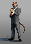  2017 anthro classy clothed clothing feline grey_background looking_at_viewer male mammal simple_background solo standing suit tiger trunorth yellow_eyes 