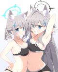  2girls absurdres animal_ear_fluff animal_ears asymmetrical_docking black_halo black_sports_bra blue_archive blue_eyes blue_halo breast_press breasts bright_pupils broken_halo dual_persona ear_piercing gradient_background halo hand_on_own_hip highres kame_(nokonoko10271) long_hair medium_breasts mismatched_pupils multiple_girls navel official_alternate_costume open_mouth piercing plastic_bottle shiroko_(blue_archive) shiroko_terror_(blue_archive) short_hair simple_background sports_bra very_long_hair white_pupils wolf_ears wolf_girl 