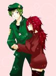  1boy 1girl beret black_shirt brown_thighhighs closed_mouth commentary_request cowboy_shot dandruff dog_tags flaky_(happy_tree_friends) flippy_(happy_tree_friends) green_eyes green_hair green_hat green_pants green_shirt happy_tree_friends hat hetero holding_hands humanization long_hair long_sleeves looking_at_another looking_to_the_side military_uniform pants pink_background profile red_eyes red_hair red_sweater shirt short_hair smile sweater thighhighs undershirt yuro_(shur0) 