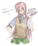  1girl bang_dream! bang_dream!_it&#039;s_mygo!!!!! book brown_sweater_vest chihaya_anon fang glasses green_necktie green_skirt grey_eyes hand_on_own_hip haneoka_school_uniform highres holding holding_book long_hair necktie open_mouth pink_hair school_uniform shiba257 shirt short_sleeves simple_background skirt solo sweater_vest translation_request white_background white_shirt 