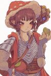  1girl bag belt blush brown_corset brown_eyes brown_hair brown_shirt chain collared_shirt commentary corset english_commentary fantasy fingerless_gloves gloves gourd grey_gloves hand_on_own_hip juliet_sleeves long_sleeves looking_at_another mushroom_hat ordicanary original puffy_sleeves shirt shoulder_bag simple_background solo staff unsure white_background 