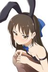  1girl absurdres alternate_costume animal_ear_hairband animal_ears arm_strap black_leotard blue_bow blue_bowtie blush bow bowtie breasts brown_hair brown_pantyhose commentary_request detached_collar fake_animal_ears fishnet_pantyhose fishnets hairband half_updo hands_on_own_knees highres idolmaster idolmaster_cinderella_girls leotard looking_at_viewer luilui_0525 pantyhose playboy_bunny rabbit_ear_hairband rabbit_ears simple_background small_breasts solo squatting strapless strapless_leotard sweatdrop tachibana_arisu white_background 