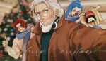  absurdres blue_eyes blue_hair bright_pupils brown_jacket buggy_the_clown christmas_tree clown_nose disembodied_hand facial_hair glasses goatee gol_d._roger grey_eyes grin heart highres jacket lipstick long_hair makeup merry_christmas mustache one_piece ponytail purple_scrunchie red_hair red_lips red_nose round_eyewear scar scar_across_eye scar_on_face scrunchie shanks_(one_piece) silvers_rayleigh smile stubble thumbs_up vamos_mk white_hair white_pupils 