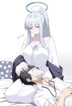  1boy 1girl absurdres bed_sheet black_shawl blue_archive breasts closed_eyes closed_mouth collared_shirt commentary_request dress halo heart highres lanyard lap_pillow large_breasts lipstick_mark long_hair long_sleeves mechanical_halo musical_note noa_(blue_archive) noa_(pajamas)_(blue_archive) pajamas pillow polka_dot_pillow ponytail puffy_long_sleeves puffy_sleeves reia_76 seiza sensei_(blue_archive) shawl shirt sitting smile very_long_hair white_dress white_hair white_halo white_pajamas white_shirt 